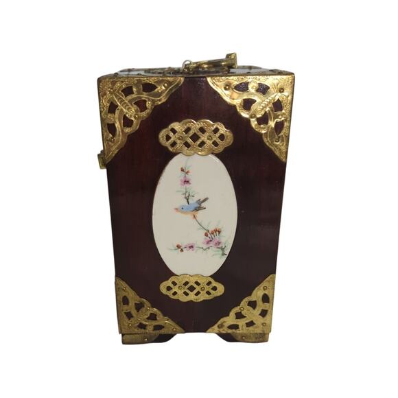 Vintage Chinese Jewelry Box Cabinet Hand Painted Panels Brass Trim - Picture 8 of 10